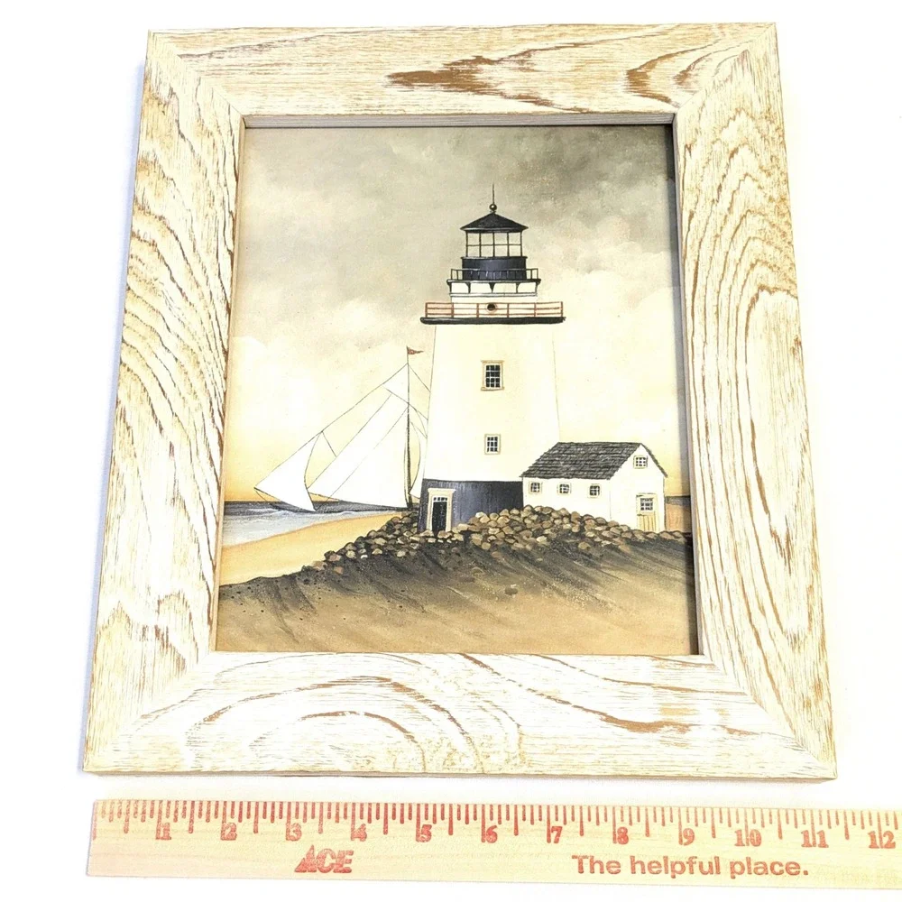 Coastal Lighthouse Framed Wall Art Print Nautical Sailboat Wood Frame